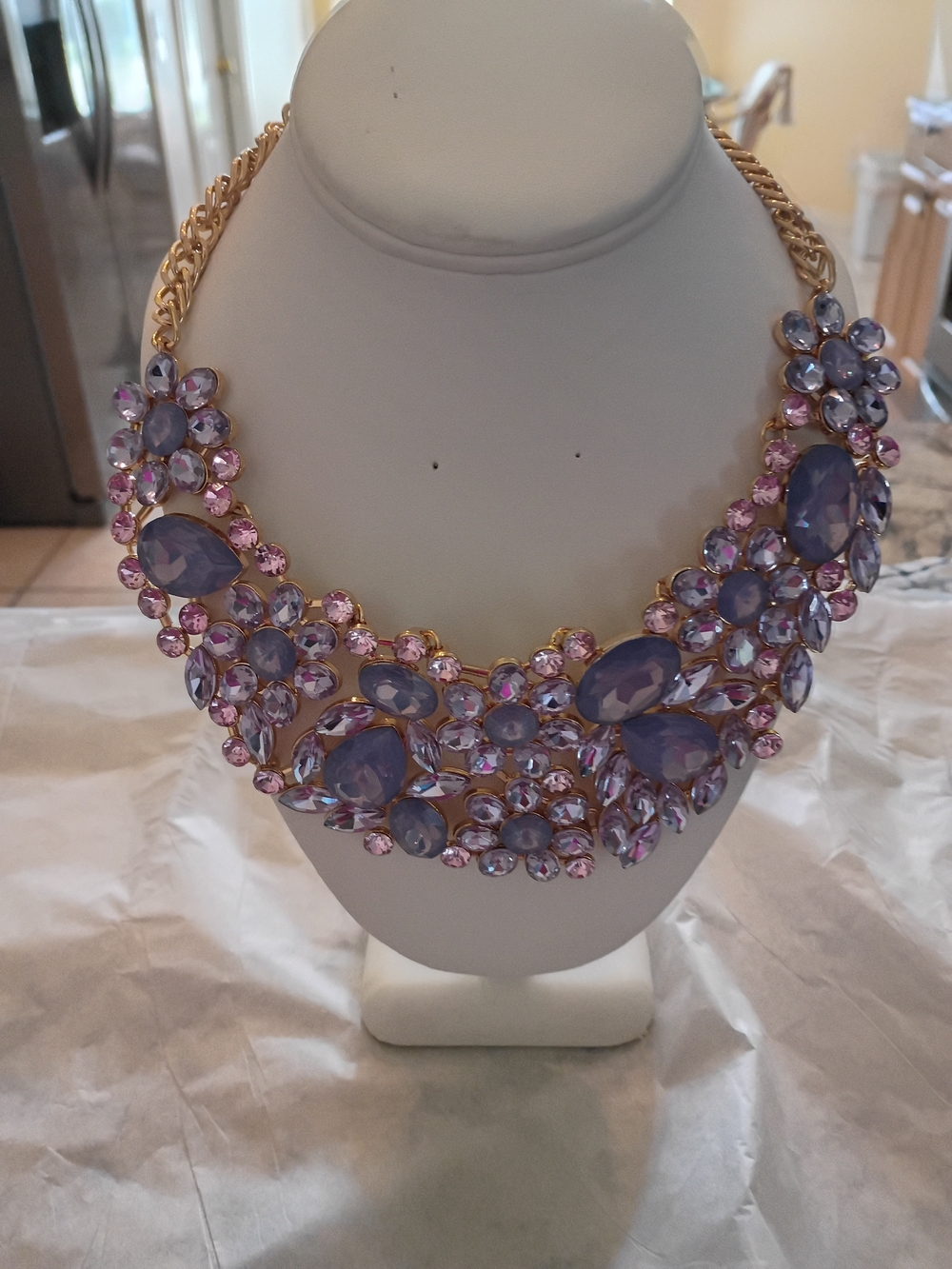 Gold-Tone Floral Cluster Necklace with Lavender and Pink Crystals Beautiful!